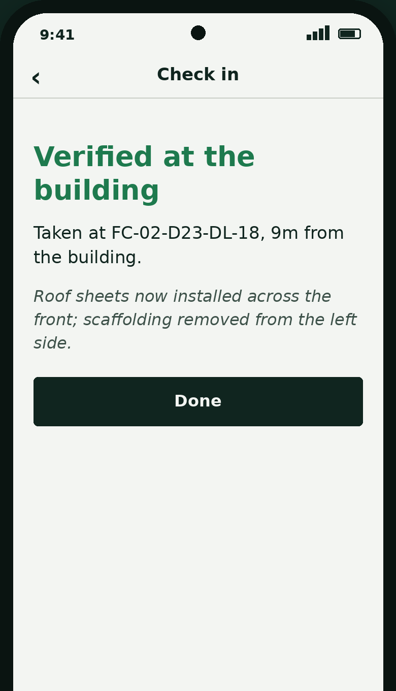 The Groundproof app showing a check-in verified at the building